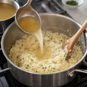 Warme Bruehe wird in cremiges Risotto geschoepft