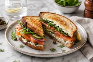 Lachs-Sandwich auf Sauerteigbrot mit Kräuter-Frischkäse