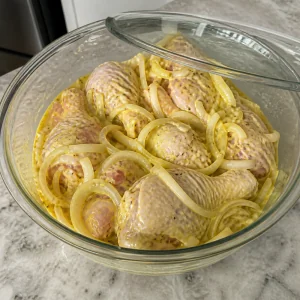 Covered bowl of chicken and onions marinating in lemon mustard sauce