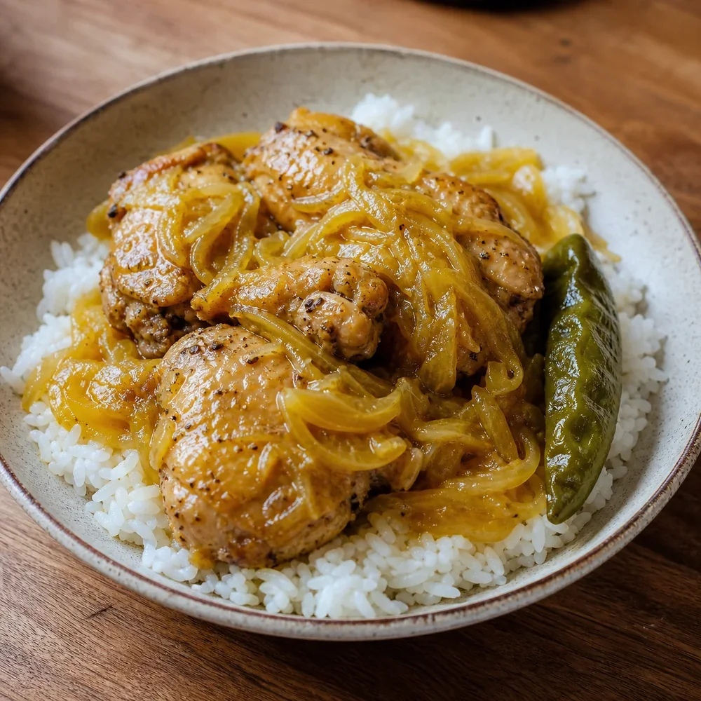 Senegalese yassa chicken with golden onions over white rice