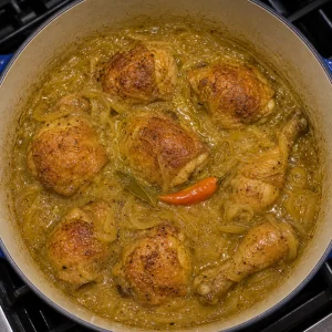 Yassa chicken simmering uncovered in thick onion sauce