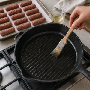 Zeliwna patelnia grillowa smarowana olejem przed smazeniem cevapi