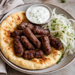Grilled cevapi on flatbread with raw onions and yogurt sauce