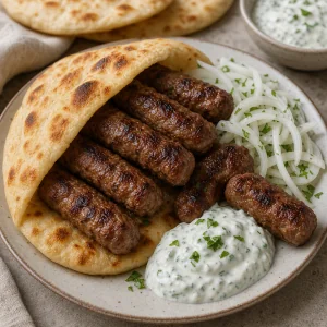 Gorace cevapi podane z cieplym plackiem, surowa cebula i sosem jogurtowym