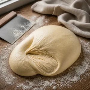 Impasto elastico steso su un tavolo di legno infarinato