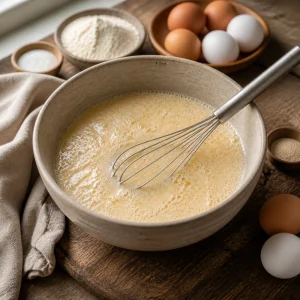 Miscela schiumosa di latte e uovo in una ciotola di ceramica