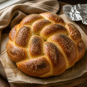 Pagnotta di pogaca intrecciata dorata su carta forno