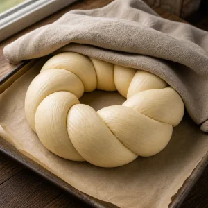 Pagnotta di pogaca intrecciata cruda e gonfia sotto un telo