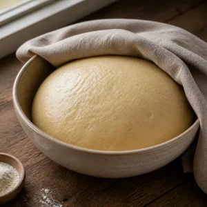 Palla di impasto liscio lievitata in una ciotola sotto un telo