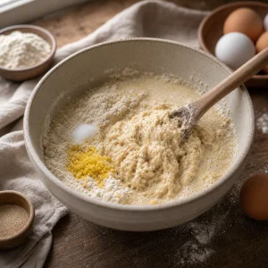 Impasto grezzo di pogaca con scorza di limone in una ciotola