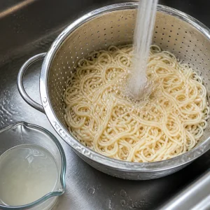 체에 담아 찬물로 헹구는 삶은 면