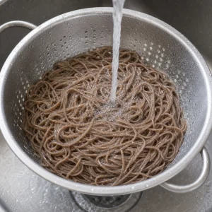 체에 담아 헹구는 삶은 소바
