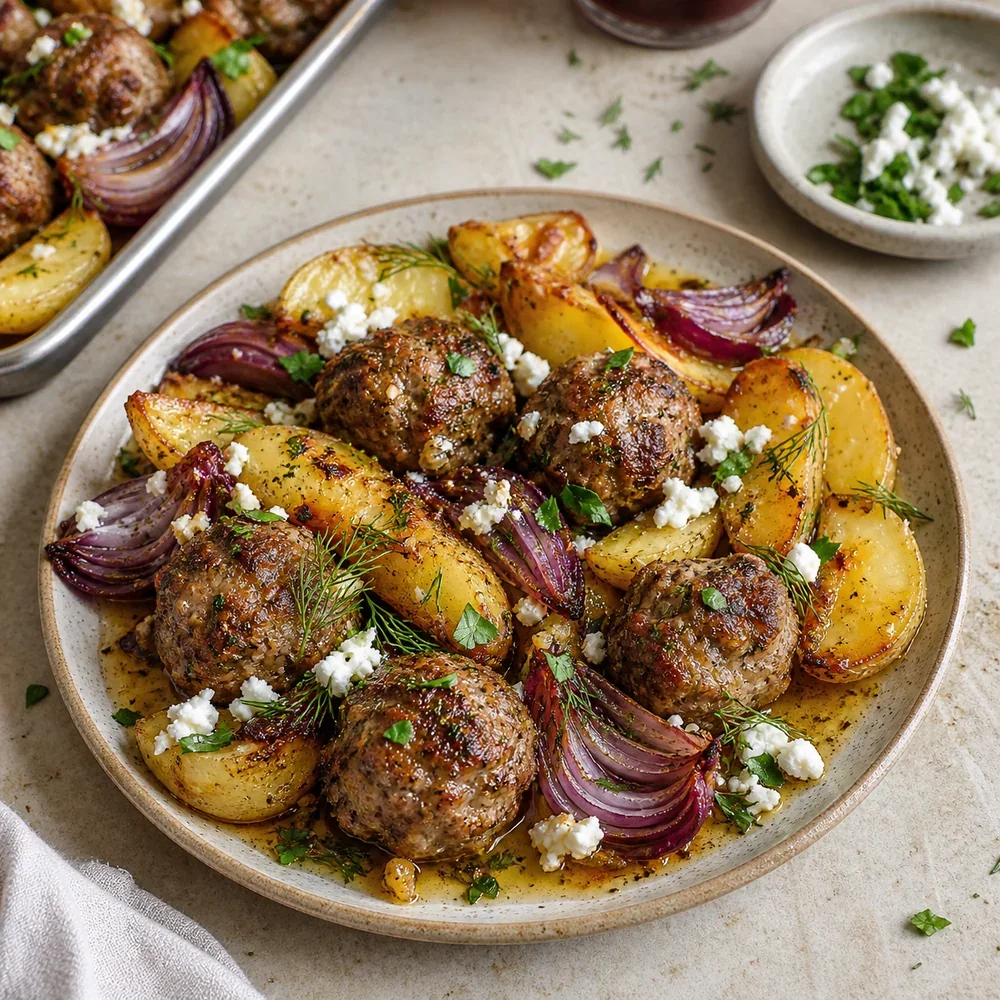 Finished Greek meatballs with lemon potatoes, feta, and herbs