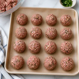 Shaped raw Greek-style meatballs ready to roast