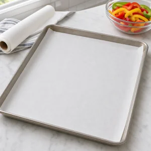 Empty parchment-lined sheet pan ready for Italian sub dinner ingredients