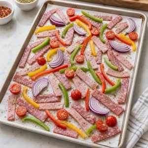 Italian sub meats and vegetables spread in a single layer on a sheet pan