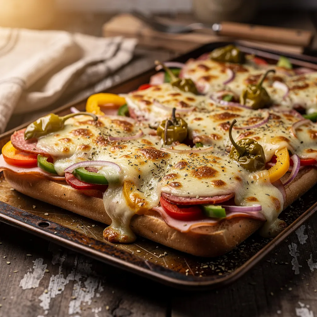 Roasted Italian deli meats and vegetables topped with melted provolone cheese on a baking sheet