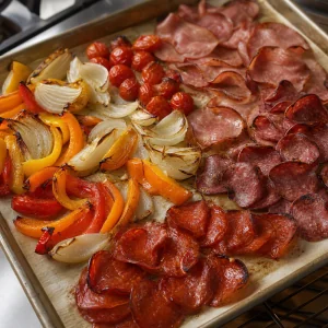 Roasted salami pepperoni peppers onions and tomatoes with crisped edges