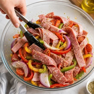 Salami ham peppers onions and tomatoes tossed with Italian seasoning