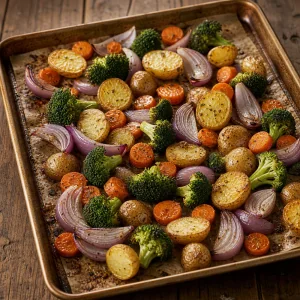 Brocoli y cebolla roja con patatas y zanahorias medio asadas
