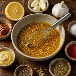 Marinada de limon y ajo batida con mostaza, miel y especias