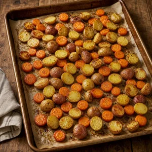 Patatas y zanahorias ligeramente asadas en una bandeja caliente