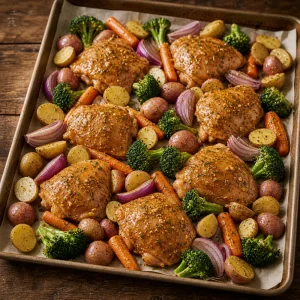 Muslos de pollo marinados colocados entre verduras en la bandeja