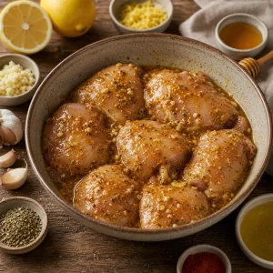 Muslos de pollo crudos cubiertos con marinada brillante de limon y ajo