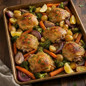 Pollo asado al limon y ajo con verduras caramelizadas y perejil