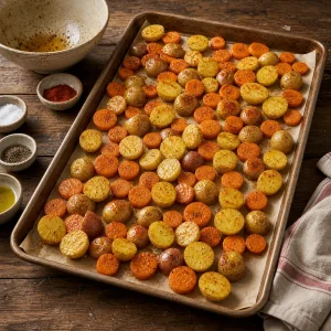 Patatas pequenas y rodajas de zanahoria sazonadas en la bandeja