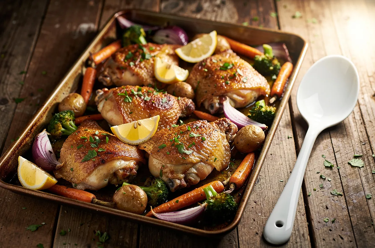 Pollo al limón y ajo en bandeja con verduras asadas