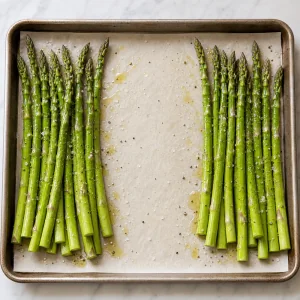 Asparagus tossed with olive oil salt and pepper on the sheet pan