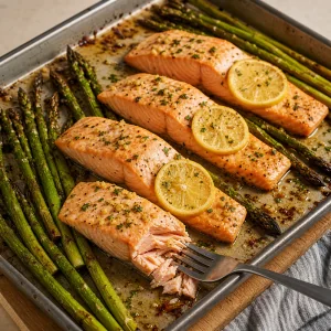 Baked lemon garlic salmon flakes easily with roasted asparagus