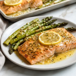 Finished sheet pan lemon garlic salmon with roasted asparagus