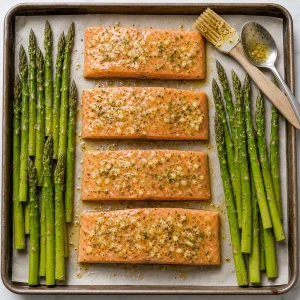 Garlic butter spread over salmon fillets beside asparagus