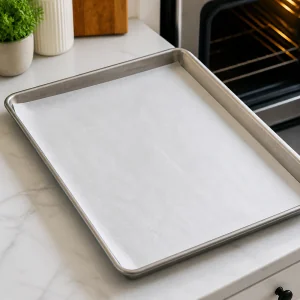Parchment lined baking sheet ready for salmon and asparagus