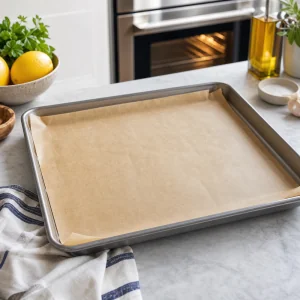 Parchment-lined sheet pan ready for Mediterranean chicken bowl ingredients