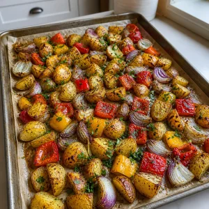 Pommes de terre rôties finies avec poivrons, oignons et persil frais