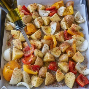 Huile d’olive et épices parsemées sur pommes de terre, poivrons et oignons