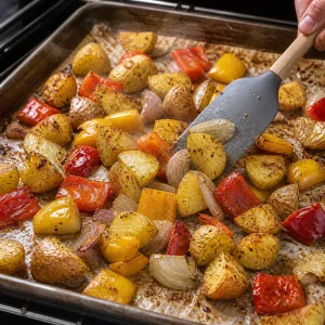 Pommes de terre, poivrons et oignons rôtis remués à mi-cuisson