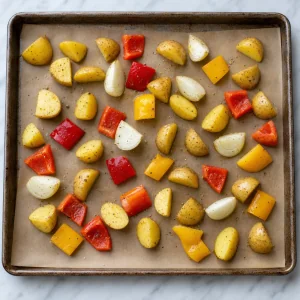 Légumes assaisonnés étalés en une seule couche avant rôtissage