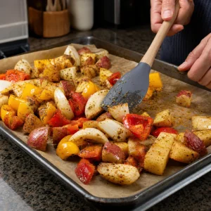 Légumes mélangés avec huile et épices sur la plaque