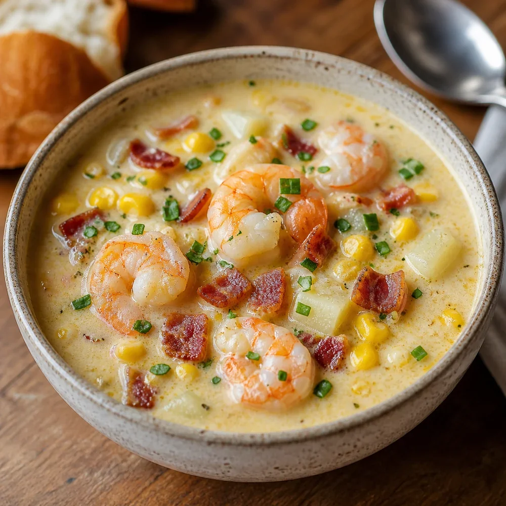Bowl of creamy shrimp and corn chowder with bacon and herbs