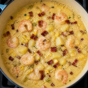 Finished shrimp corn chowder in the pot with crisp bacon stirred in