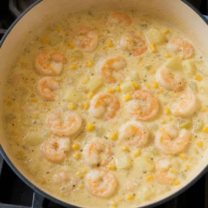 Pink shrimp simmering in creamy corn and potato chowder