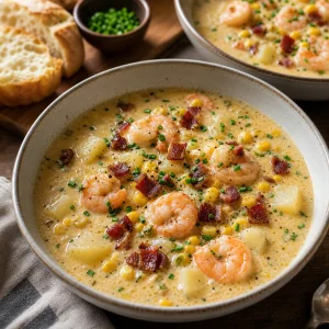 Served bowls of shrimp and corn chowder topped with bacon and herbs