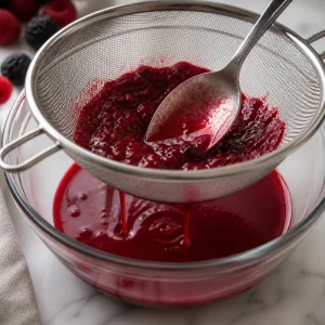 Berry coulis strained through a fine mesh sieve with seeds left behind