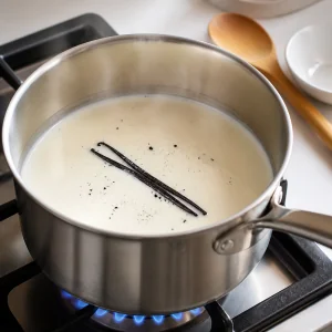 Cream and milk warming gently with vanilla bean seeds and pod