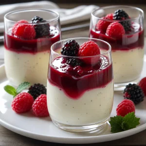 Finished silky berry panna cotta with berry coulis, raspberries, and blackberries