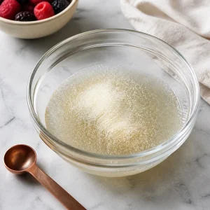 Gelatin powder blooming over cold water in a small glass bowl